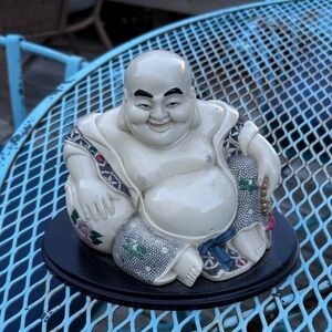 Ceramic Laughing Buddha Figurine - White and Blue